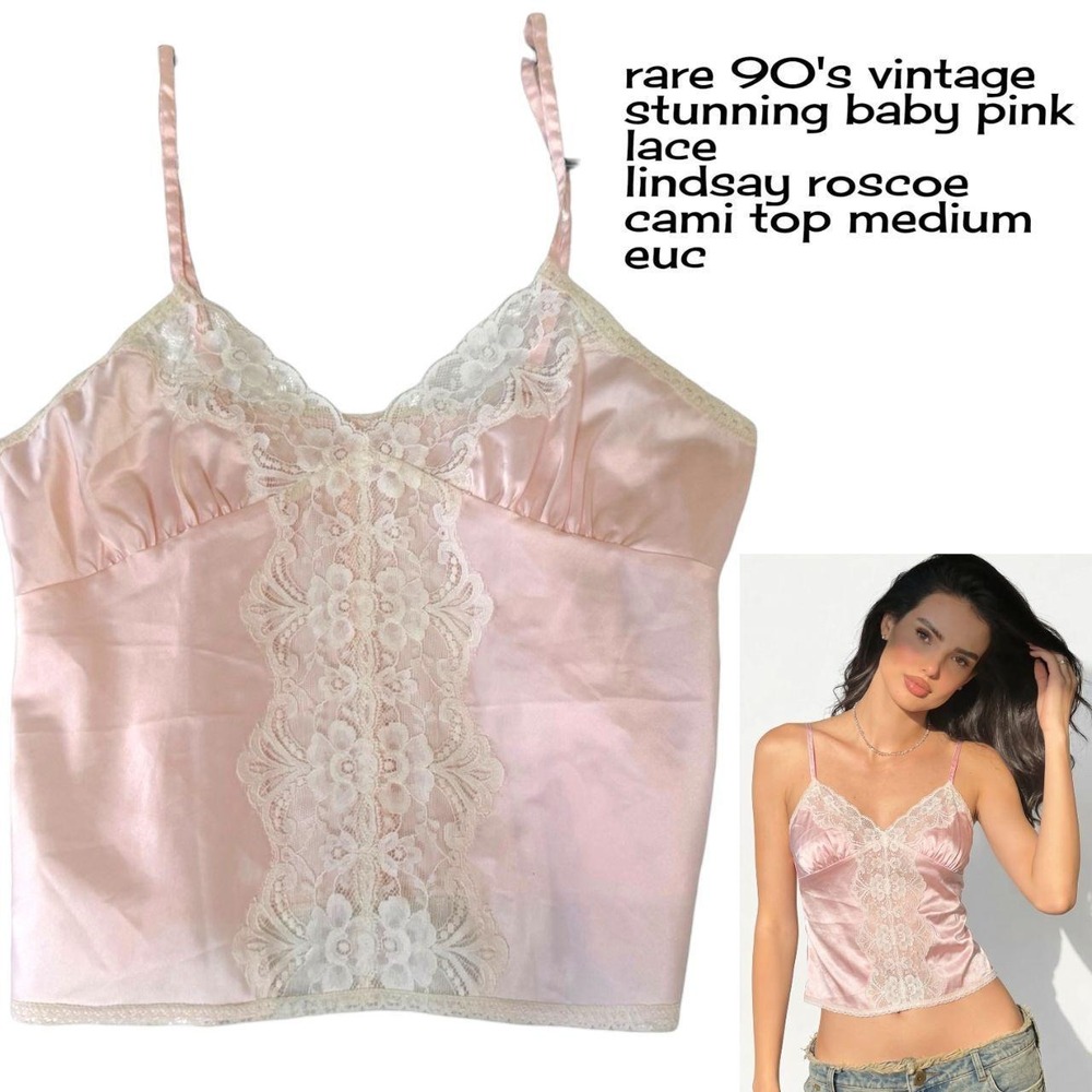 Vintage 90s Lindsay Roscoe Baby Pink Lace Cami‎ Medium